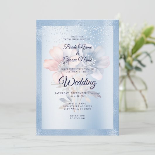 ブルーピンクフラワーズ結婚式招待状 招待状 (スタンド正面)