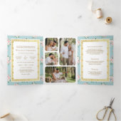 ブルーピンクフローラオールインワン金ゴールドインディアン結婚 三つ折り招待状 (内部)