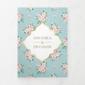 ブルーピンクフローラオールインワン金ゴールドインディアン結婚 三つ折り招待状 (カバー)