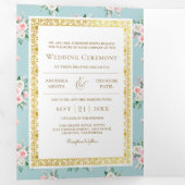 ブルーピンクフローラオールインワン金ゴールドインディアン結婚 三つ折り招待状 (内部最初)