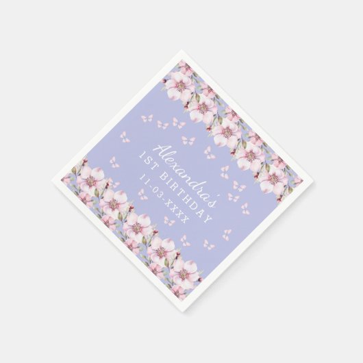 ブルーピンクフローラガールバタフライ1st誕生日 スタンダードカクテルナプキン (角)