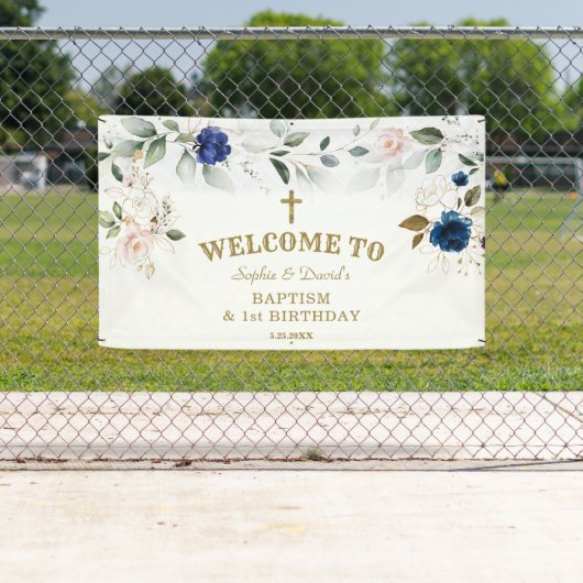 ブルーピンクフローラツインズファースト誕生日ウェルカムサイン 横断幕 (インサイチュ)