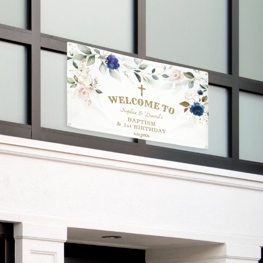 ブルーピンクフローラツインズファースト誕生日ウェルカムサイン 横断幕 (ビルの外側)