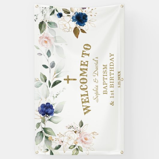 ブルーピンクフローラツインズファースト誕生日ウェルカムサイン 横断幕 (縦)
