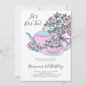 ブルーピンクフローラティーパーティー誕生日パーティー 招待状 (正面)