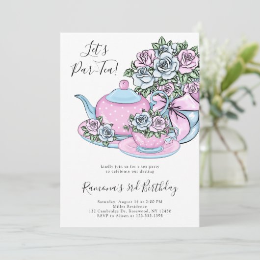 ブルーピンクフローラティーパーティー誕生日パーティー 招待状 (スタンド正面)