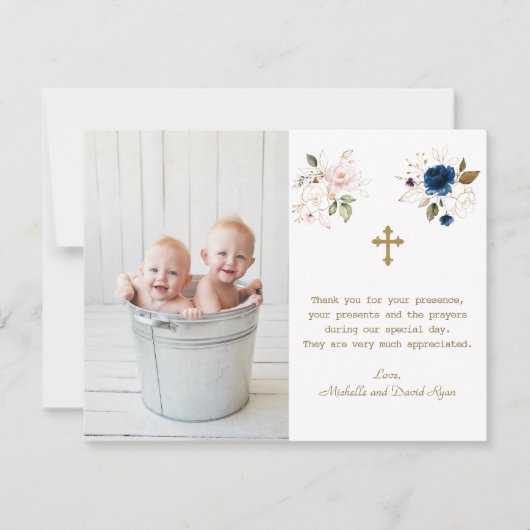 ブルーピンクフローラフォトツインズ金ゴールドクロスバプテスマ サンキューカード (正面)