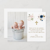 ブルーピンクフローラフォトツインズ金ゴールドクロスバプテスマ サンキューカード (正面/裏面)