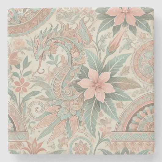 ブルーピンクフローラボホインドネシアろうけつ染め水彩色 ストーンコースター (正面)