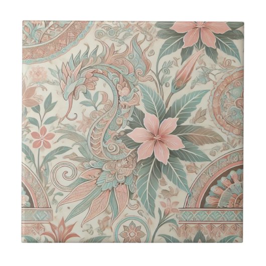 ブルーピンクフローラボホインドネシアろうけつ染め水彩色 タイル (正面)