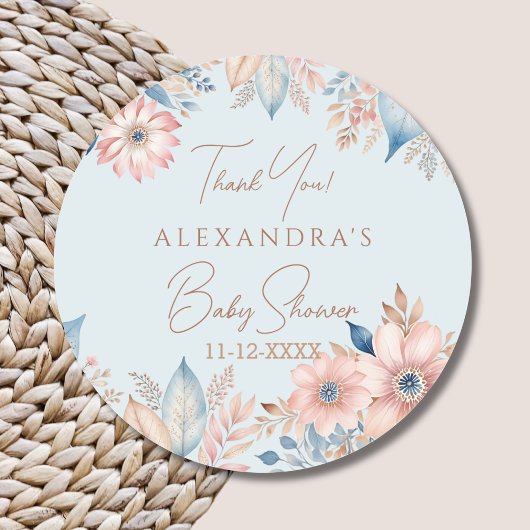 ブルーピンクフローラボホシック赤ちゃんシャワーありがとう ラウンドシール