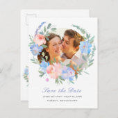 ブルーピンクフローラリース結婚式の日付を保存 案内ポストカード (正面/裏面)