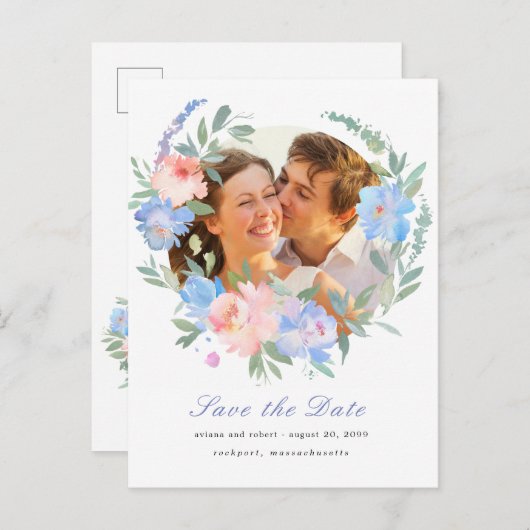 ブルーピンクフローラリース結婚式の日付を保存 案内ポストカード (正面/裏面)