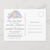 ブルーピンクフローラリース結婚式の日付を保存 案内ポストカード (裏面)