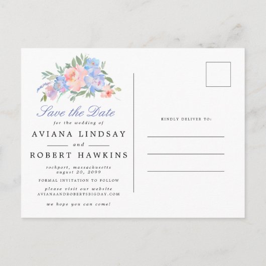ブルーピンクフローラリース結婚式の日付を保存 案内ポストカード (裏面)