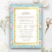 ブルーピンクフローラ金ゴールドフレームムスリム結婚ズ 招待状