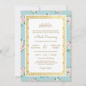 ブルーピンクフローラ金ゴールドフレームムスリム結婚ズ 招待状 (正面)