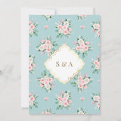 ブルーピンクフローラ金ゴールドフレームムスリム結婚ズ 招待状 (裏面)