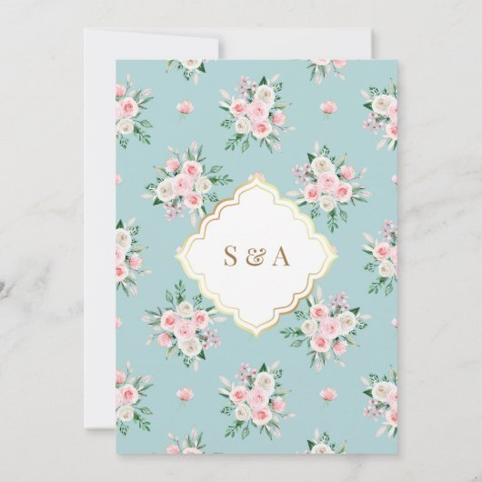 ブルーピンクフローラ金ゴールドフレームムスリム結婚ズ 招待状 (裏面)