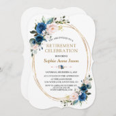 ブルーピンクフローラ金ゴールド退職お祝い 招待状 (正面/裏面)