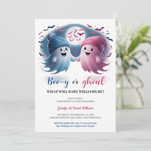 ブルーピンクブーYまたはグウルハロウィーンジェンダーの表示 招待状 (スタンド正面)