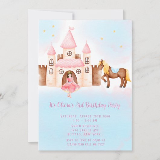 ブルーピンクプリンセスキャッスルホース誕生日パーティー 招待状 (正面)