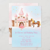 ブルーピンクプリンセスキャッスルホース誕生日パーティー 招待状 (正面/裏面)