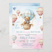 ブルーピンクホットエアバルーンジェンダーリビール招待状 招待状 (正面/裏面)