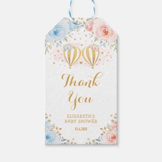 ブルーピンクホットエアバルーンフローラツインベビーシャワー ギフトタグ (正面)