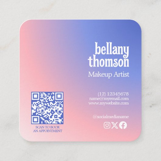 ブルーピンクモダングラデーションのモノグラムのメイクアップアーティスト スクエア名刺 (裏面)
