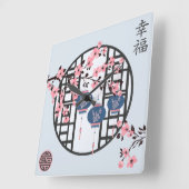 ブルーピンクランタン&さくらんぼブロッサムアジアデザイン スクエア壁時計 (傾斜)