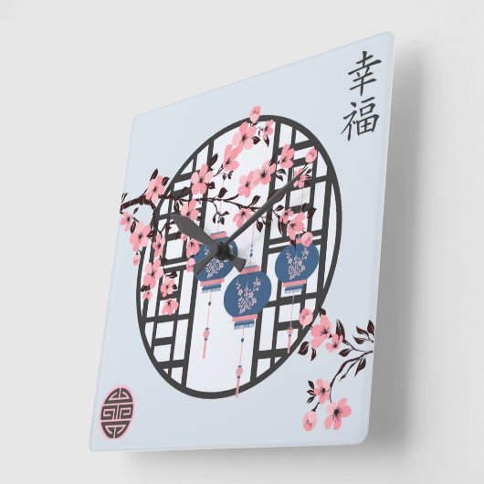 ブルーピンクランタン&さくらんぼブロッサムアジアデザイン スクエア壁時計 (傾斜)