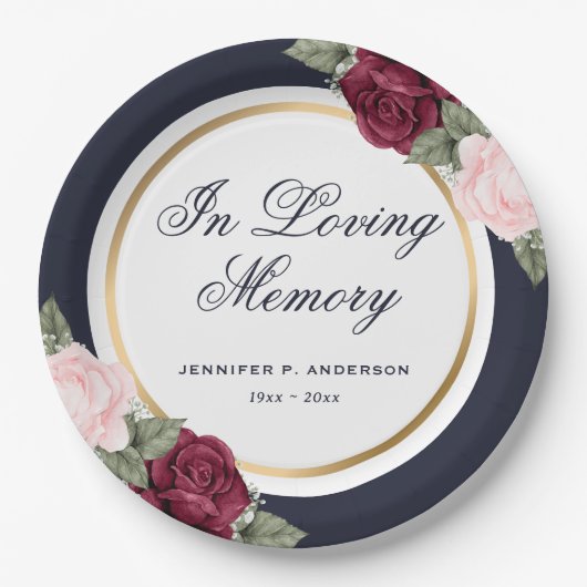 ブルーピンクレッドウォーター色フローラメモリアル葬儀 ペーパープレート (正面)
