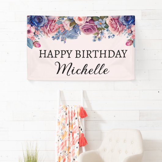ブルーピンクローゼスフローラ植物学ハッピーバースデー 横断幕 (インサイチュ)