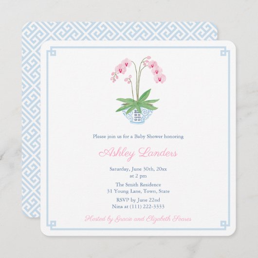 ブルーピンク名門私立校風のオーキッドジンジャージャーブベビーシャワー 招待状 (正面/裏面)