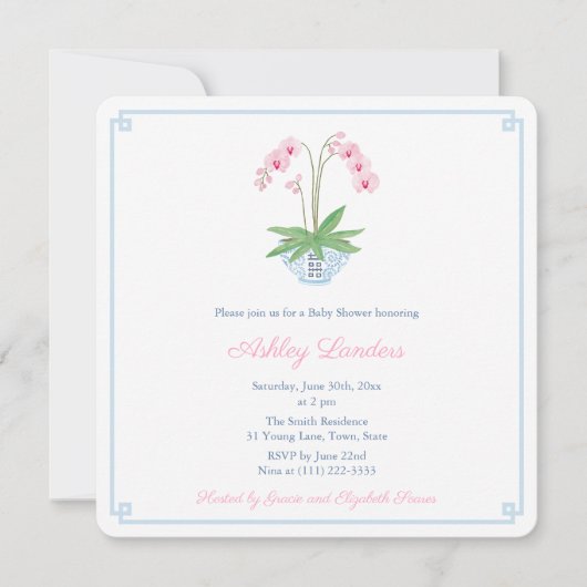 ブルーピンク名門私立校風のオーキッドジンジャージャーブベビーシャワー 招待状 (正面)