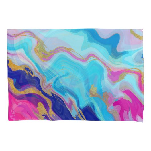 ブルーピンク大理石:金ゴールドグリッターテクスチャ。 枕カバー (正面)