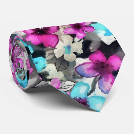 ブルーピンク白ブラックウォーター色の花のパターン ネクタイ (ロール)