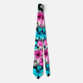 ブルーピンク白色ブラックウォーター色の花 ネクタイ (正面)