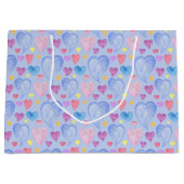 ブルーピンク紫色の水彩ハート ラージペーパーバッグ (正面)