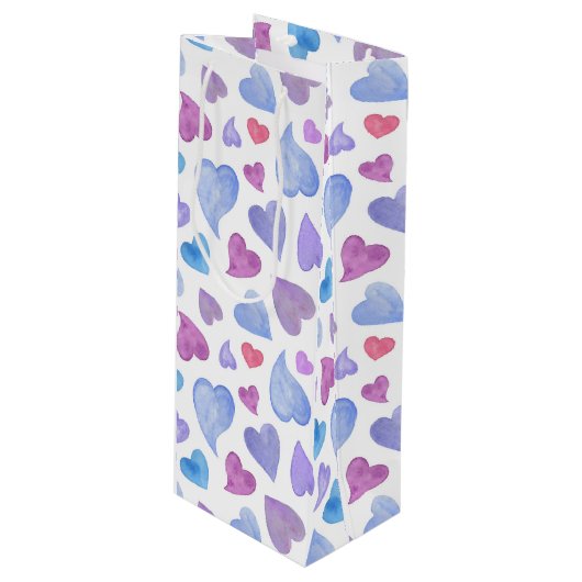 ブルーピンク紫色の水彩ハート ワインギフトバッグ (正面アングル)