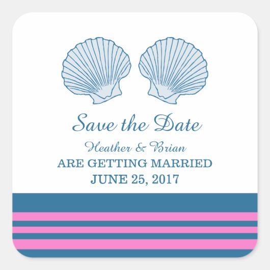 ブルーピンク航海のの貝類の日付を保存 スクエアシール (正面)