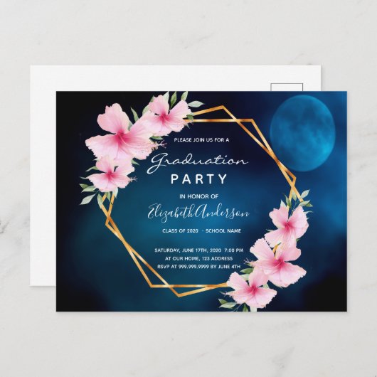ブルーピンク花模様の卒業式パーティーの招待状 ポストカード (正面/裏面)