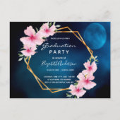 ブルーピンク花模様の卒業式パーティーの招待状 ポストカード (正面)
