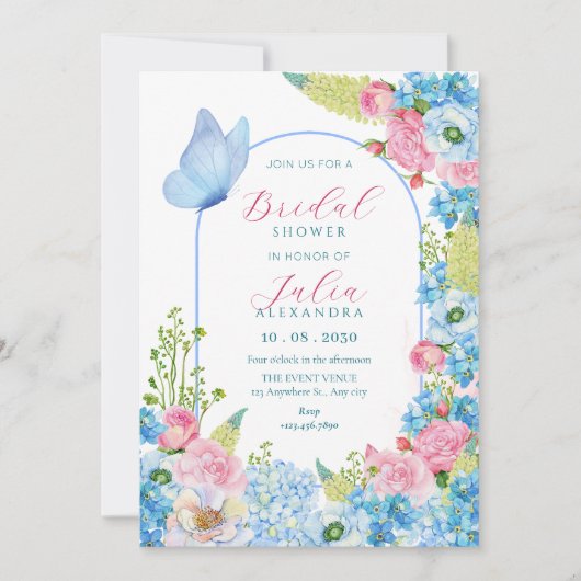 ブルーピンク花開花蝶ブライダルシャワー 招待状 (正面)