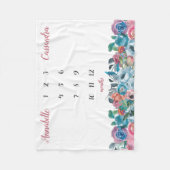 ブルーピンク赤面フローラツインマイルストーンベビー フリースブランケット (正面)