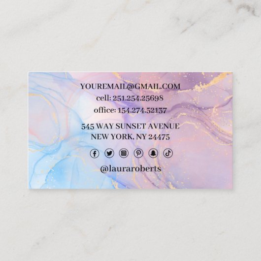 ブルーピンク金ゴールドウォーターカラーアート名刺 名刺 (裏面)