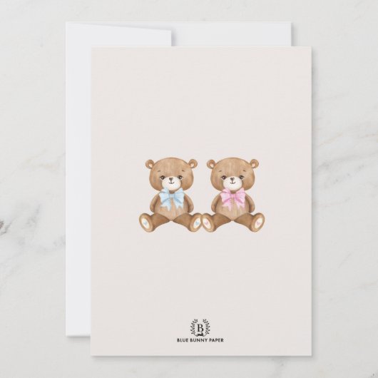 ブルーピンク金ゴールドテディベアジェンダーリビールベビー 招待状 (裏面)