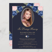 ブルーピンク金ゴールドフローラ写真追悼式 招待状 (正面/裏面)