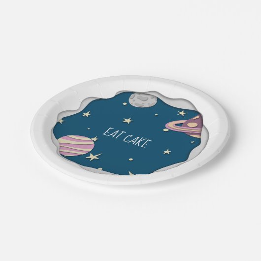 ブルーピンク食べクケーキ銀河系星と惑星 ペーパープレート (アングル)